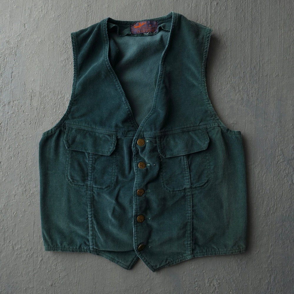 Vintage 70s Landlubber Green Corduroy Vest Medium Cinch Back Hong Kong